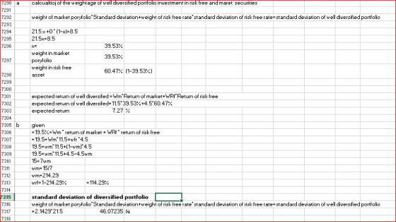 7290 291 292 293 294 7295 296 a calcualio of the weightage of well diversiied portfolio investment in risk free and maret securities weight of market poryfolio Standard deviation+weight of risk free ratestandard deviation of risk free rate standard deviation of well diversified portfolio 21.5 +0 1-)-8.5 21.5x 8.5 weight in market poryfolio weight in risk free asset 39.53% 39.53% 60.47% (1-39.53%) 297 298 299 300 7301 302 7303 304 7305 b 306 7307 308 309 310 7311 312 7313 7314 7315 316 7317 7318 expectedreturn of well diversifed Wm Return of market+WRf Return of risk free expected return of well diversifed-115. 39.53% +4.5. 60.47% expectedreturn 727 % given -19.5%-Wm . return of market + WRf return of risk free 19.5-Wwm 11.5+wfr 4.5 19.5 wm 11.5+(1-wm) 4.5 19.5-wm 11.5+4.5-4.5wm 15-7wm wm= 1517 wm 214.29 wrf-1-214.29% -114.29% standard deviation of diversified portfolio weight of market poryfolio Standard deviation+weight of risk free ratestandard deviation of risk free rate standard deviation of well diversified portfolio 2.1429 21.5 46.07235并