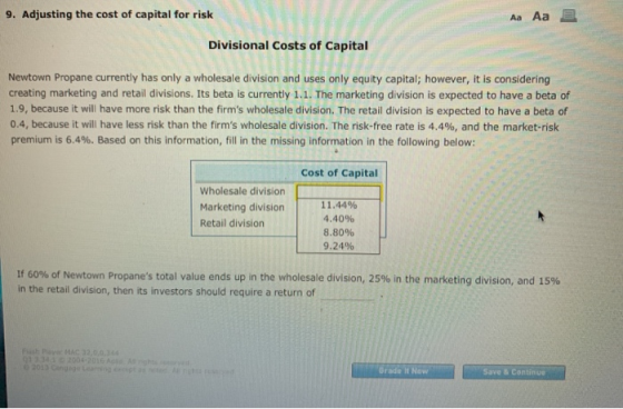 9. Adjusting the cost of capital for risk Aa Aa Divisional Costs of Capital Newtown Propane currently has only a wholesale di