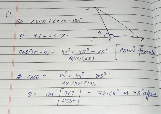 So LLY Z F LzYX = 180° 0 = 180° - Layx. Cos (180 - 0) = | 4x² + y2² - x 2² RSX)(x2) I - Coso = 110² + 141² - 2032 - 24 (110)
