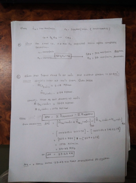Given fo= 100 mol/min. 022 100 mol/min. (100% excess) cot 202 co2. since rou 1 mol 00. Creaction. 0.5 mol O2. suquiol. Henee