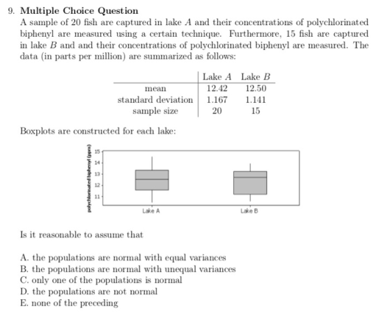 9. Multiple Choice Question A sample of 20 fish are captured in lake A and their concentrations of polychlorinated biphenyl a