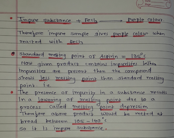 Date Page Impure substance + Fech Purple colour. gives purple colour, when Therefore reacted impure with sample tecla Standar