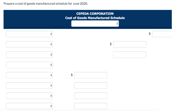 Prepare a cost of goods manufactured schedule for June 2020. CEPEDA CORPORATION Cost of Goods Manufactured Schedule $
