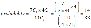 7! probability _7C3x4g-3×41× 4 11C 1.4 41× 7 !