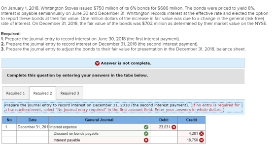 On January 1, 2018, whittington Stoves issued $750 million of its 6% bonds for $686 million. The bonds were priced to yield 8%. Interest is payable semiannually on June 30 and December 31. Whittington records interest at the effective rate and elected the option to report these bonds at their fair value. One million dollars of the increase in fair value was due to a change in the general (risk-free) rate of interest. On December 31, 2018, the fair value of the bonds was $702 million as determined by their market value on the NYSE Required 1. Prepare the journal entry to record interest on June 30, 2018 (the first interest payment) 2. Prepare the journal entry to record interest on December 31, 2018 (the second interest payment). 3. Prepare the journal entry to adjust the bonds to their fair value for presentation in the December 31, 2018, balance sheet. Answer is not complete Complete this question by entering your answers in the tabs below Required 1 Required 2 Required 3 Prepare the journal entry to record interest on December 31, 2018 (the second interest payment). (If no entry is required for a transaction/event, select No journal entry required in the first account field. Enter your answers in whole dollars.) Date General Journal Debit Credit December 31, 201 Interest expense 23,031 Discount on bonds payable Interest payable 4,281 18,750