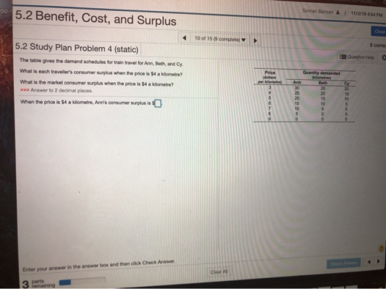 Simran Bansari & 5.2 Benefit, Cost, and Surplus 1 11/2/19 454 PM Close 10 of 15 9 completel 6 correc Question Help 5.2 Study