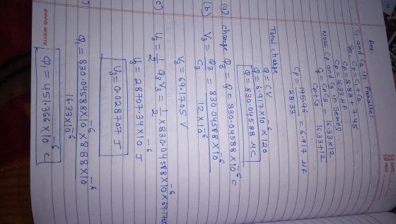 E DATE- PAGE Ans. and ca in Parallel So, p=ctca p=8.88 + 7.45 Cp = 16+33 4F Now, ce and ca in sezies = 6= Cp c3 Cpt 16 33x12