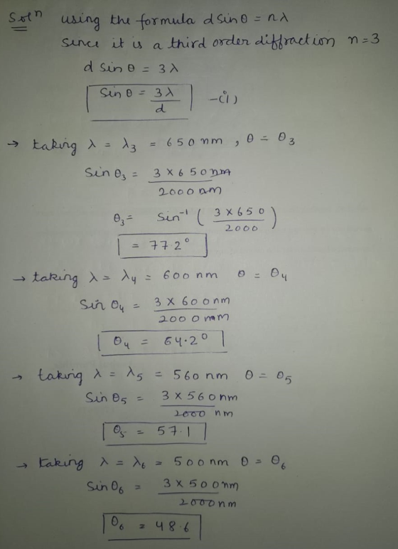 Son using the formula asino = na since it is third order diffraction n=3 d sin o = 3x a Sino = 34 d 3 x l-i → x3 650 nm, 0 -