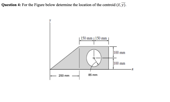 Question 4: For the Figure below determine the location of the centroid (x,y). 150 mm 150 mm 100 mm 100 mm 250 mm 85 mm
