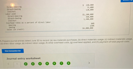 $ 240, eee 75, eee 120,000 Direc-weaving Direct-Sewing Indirect Labor used Direct-leaving Direct-Sewing Indirect Overhead rat