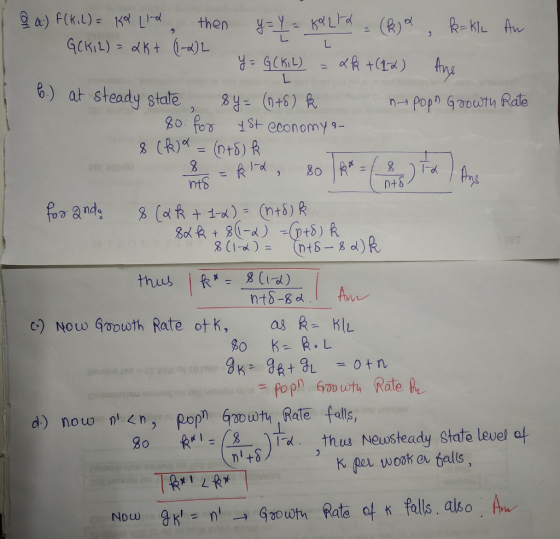 6) at steady state ) % y: (0+6) A. + economy 9- c) Nouw Goouwth Rate ot k, R KIL 90thus Newsteady State level ot m +0 K per w