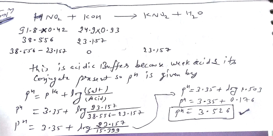 son 1. HNO₂ + kon KNO+10 91- 880.42 24.9x0.93 380556 23.157 38-556 - 23.157 O 23157 this is acidic Buffes because weak acid &