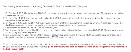 The following transactions occurred during December 31, 2018, for the Microchip Company. I. On October 1, 2018, Microchip lent $88,000 to another company. A note was signed with principal and 9% interest to be paid on September 30, 2019 2. On November 1, 2018, the company paid its landlord $8,700 representing rent for the months of November through January. Prepaid rent was debited. 3. On August 1, 2018, collected $14,700 in advance rent from another company that is renting a portion of Microchips factory. The $14,700 represents one years rent and the entire amount was credited to rent revenue. 4. Depreciation on office equipment is $5,400 for the year. 5. Vacation pay for the year that had been earned by employees but not paid to them or recorded is $8,900. The company records vacation pay as salaries expense 6. Microchip began the year with $2,900 in its asset account, supplies. During the year, $7,400 in supplies were purchased and debited to supplies. At year-end, supplies costing $3,700 remain on hand. Prepare the necessary adjusting entries for each of the above situations. Assume that no financial statements were prepared during the year and no adjusting entries were recorded. (If no entry is required for a transaction/event, select No journal entry required in the first account field.)