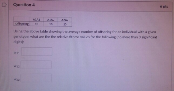 6 pts D Question 4 A1A1 A1A2 A2A2 10 10 15 Offspring Using the above table showing the average number of offspring for an ind