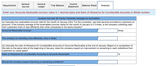 General Journal Income Statement General Trial Balance Requirement Balance Sheet Analysis Ledger Enter your Accounts Receivab