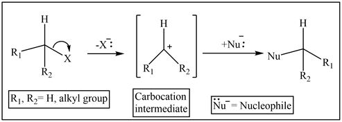 1-72-()
+Nu:
RX
Nu
R
TR
R2
R1, R2=H, alkyl group
Carbocation
intermediate
Nu = Nucleophile
