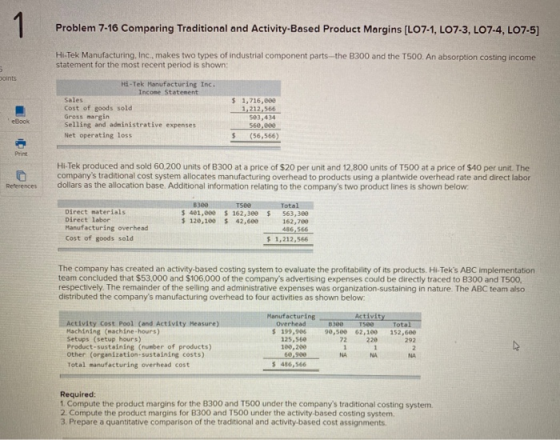 Problem 7-16 Comparing Traditional and Activity-Based Product Margins [LO7-1, L07-3, LO7-4, LO7-5) Hi-Tek Manufacturing, Inc.