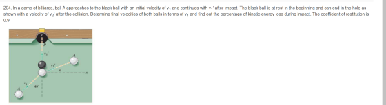204. In a game of billiards, ball A approaches to the black ball with an initial velocity of V, and continues with vi after