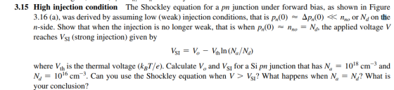 3.15 High injection condition The Shockley equation for a pn junction under forward bias, as shown in Figure 3.16 (a), was de
