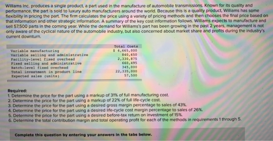 Williams Inc. produces a single product, a part used in the manufacture of automobile transmissions. Known for its quality an