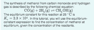 The synthesis of methanol from carbon monoxide and hydrogen gas is described by the following chemical equation: CO(g) + 2H (