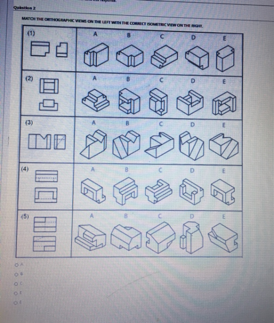 Question 2 MATCH THE ORTHOGRAPHIC VIEWS ON THE LEFT WITH THE CORRECT ISOMETRIC VIEW ON THE RIGHT. (1) А B E (2) A (3) B m (4)