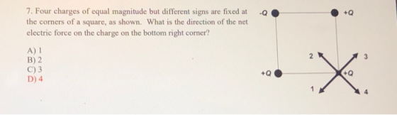 7. Four charges of equal magnitude but different signs are fixed at the corners of a square, as shown. What is the direction