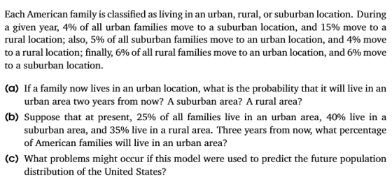 Each American family is classified as living in an urban, rural, or suburban location. During a given year, 4% of all urban f