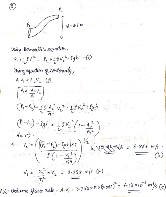 SP 0 Using Bernoullis equation, P + 1 BV, ² = P + 1 S V2 + 3 g h Using equation of continuity; A, V, SA₂ V₂ (?=Ra)+48 Mi va
