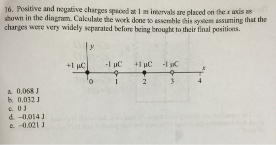 16. Positive and negative charges spaced at 1 m intervals are placed on th e x axis as charges were very widely separated bef