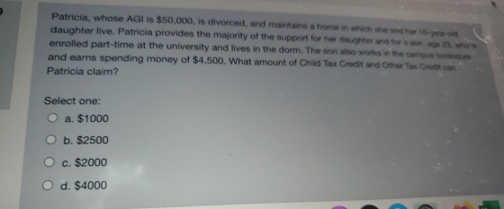 Patricia, whose AGI is $50,000, is divorced, and maintains a home in which she and her 15 year old daughter live. Patricia pr