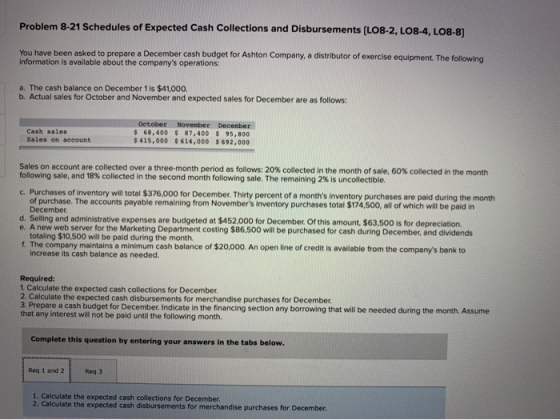 Problem 8-21 Schedules of Expected Cash Collections and Disbursements (L08-2, LO8-4, LO8-8) You have been asked to prepare a