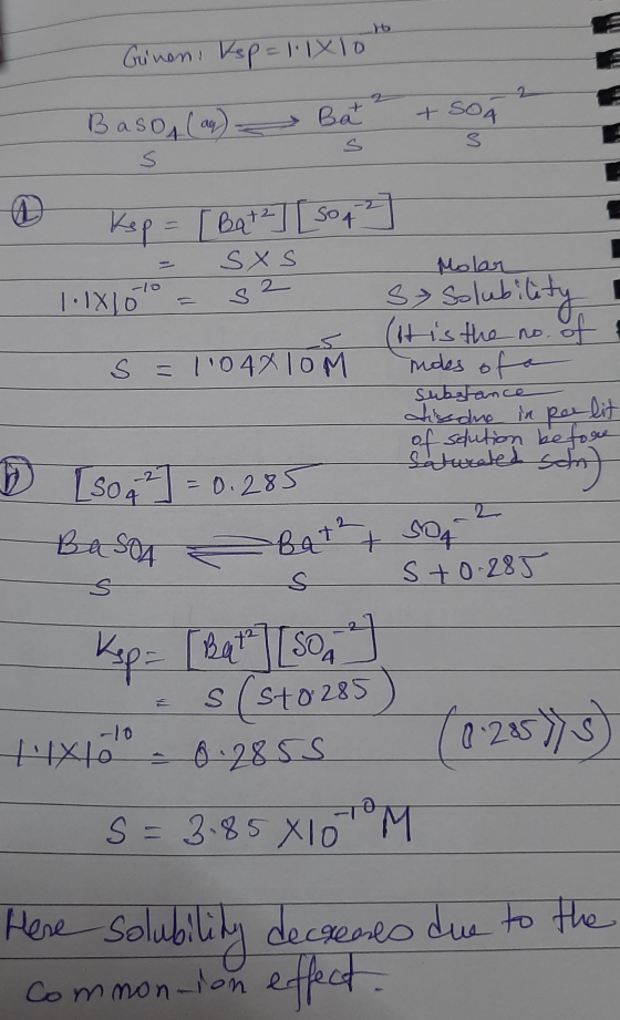 Ginoni Kep= 11X10 -SO (as) Bat 2 + 504 2 s S S 0 kep = [ Bath] [ sopa = 1.1x1010 = SXS S2 s = 1104&IOM Molar S Solubility (i