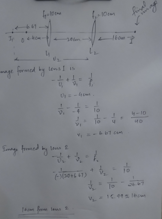 f=10 cm f₂ = 10 cm final . image x 6.67 I cucm -200m 16cm 0. L2 lens 1 is formed by mage - - 1 D. + , V f, =-4cm. - Vi 1 -4 )