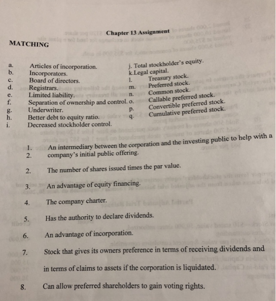 Chapter 13 Assignment MATCHING a. Articles of incorporation. b. Incorporators. c. d. j. Total stockholders equity. k.Legal c