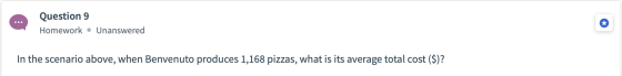 Question 9 Homework • Unanswered In the scenario above, when Benvenuto produces 1,168 pizzas, what is its average total cost