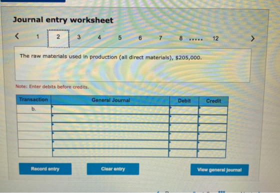 Journal entry worksheet < 1 2 3 5 6 7 8 .... 12 The raw materials used in production (all direct materials), $205,000. Note: