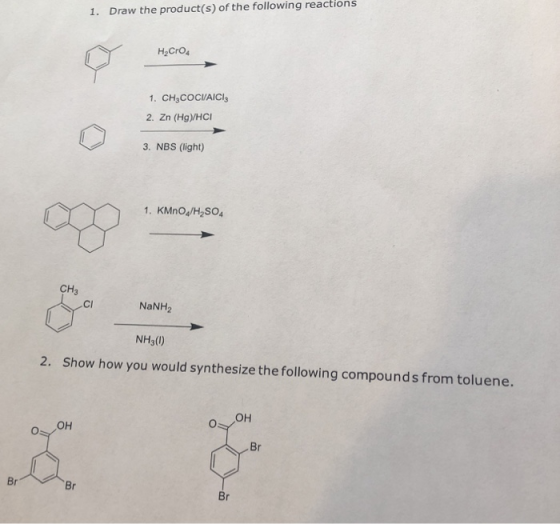 1. Draw the product(s) of the following reactions HeCrO4 1. CH,COCVAICI 2. Zn (Hg)HCI 3. NBS (light) 1. KMnO4/H2SO4 og er CH3