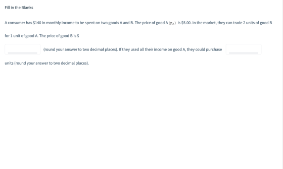 Fill in the Blanks A consumer has $140 in monthly income to be spent on two goods A and B. The price of good A (PA) is $5.00.