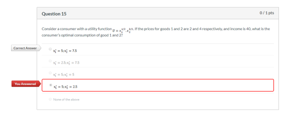 Question 15 0/1 pts Consider a consumer with a utility function 11 = 1/23/2. If the prices for goods 1 and 2 are 2 and 4 resp