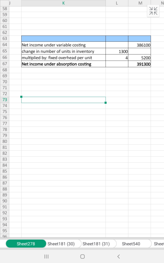 58 TR SK 60 61 62 63 386100 1300 Net income under variable costing change in number of units in inventory multiplied by: fixe