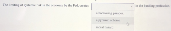 The limiting of systemic risk in the economy by the Fed, creates in the banking profession. a borrowing paradox a pyramid sch