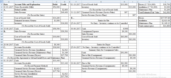 B H $33,000 $33,000 E F 01-10-2017. Cost of Goods Sold Inventory (To Record the Cost of Goods Sold) 31-12-2017. Unearned Serv