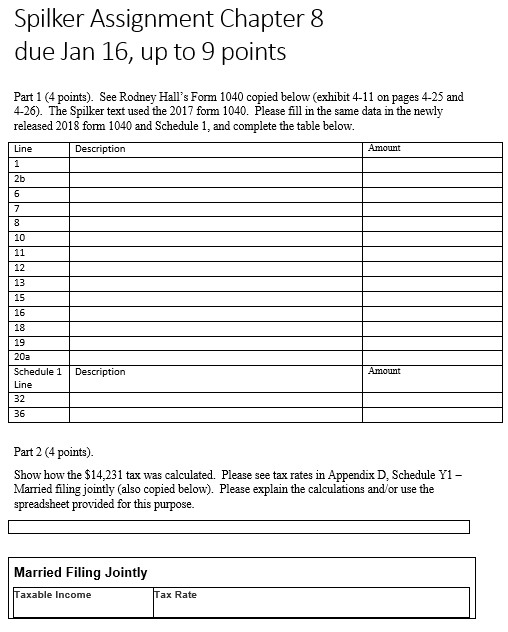 Spilker Assignment Chapter 8 due Jan 16, up to 9 points Part 1 (4 points). See Rodney Halls Form 1040 copied below (exhibit 4-11 on pages 4-25 and 4-26). The Spilker text used the 2017 form 1040. Please fill in the same data in the newly released 2018 form 1040 and Schedule 1, and complete the table belovw Line Description 2b 10 12 13 15 16 18 19 20a Schedule 1 Description Line 32 36 Part 2 (4 points) Show how the $14,231 tax was calculated. Please see tax rates in Appendix D, Schedule Y1 - Married filing jointly (also copied below). Please explain the calculations andor use the spreadsheet provided for this purpose. Married Filing Jointly axable Income ax Rate
