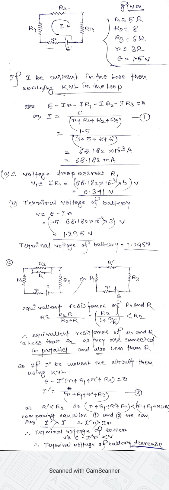 I wums RB ginen R 25 & R288 R3=62 pe 32 Es 105N -E If KNL Doe ori I be current in the loop then ao playing the loop E - I x -