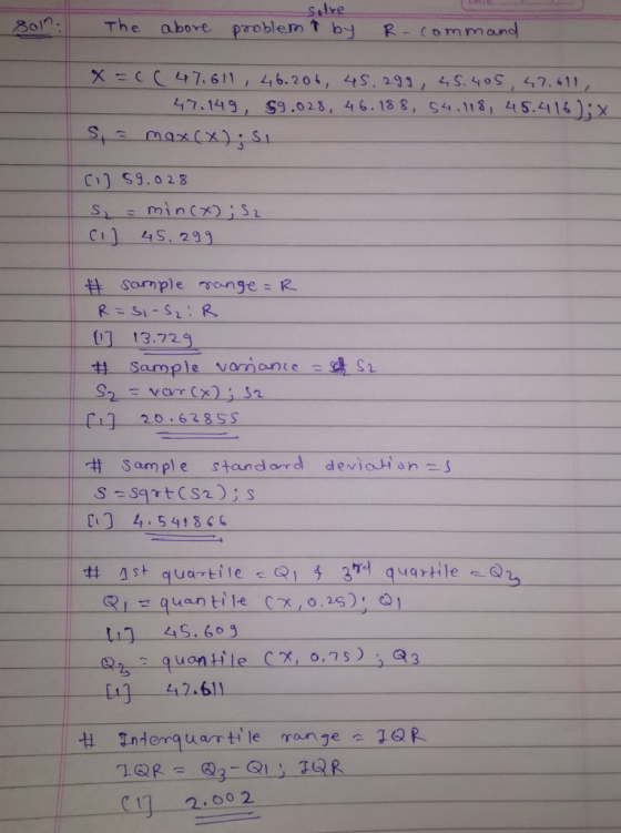 So1n The abore pooblemt by R- co m m oun 17.119, S9.028, 46. 13 8, S4.13, 45.416)x Ci S9.0 28 Sample ronge R ー[1]一13.729 3 725 sample vam ano esdn 20-628ss t Sam pl e standord deviation s 4,5418G 2저 quartile 1 4S.6 quantile CX o753 44 42.611 c1n 2.00 2