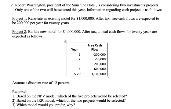 2. Robert Washington, president of the Sunshine Hotel, is considering two investments projects. Only one of the two will be s