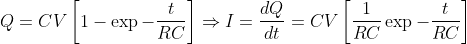 Q=CV\left [ 1-\exp{-\frac{t}{RC}} \right ]\Rightarrow I=\frac{dQ}{dt}=CV\left [ \frac{1}{RC}\exp{-\frac{t}{RC}} \right ]\\