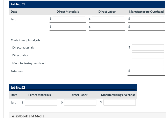 Job No. 51 Date Direct Materials Direct Labor Manufacturing Overhead Jan. Cost of completed job Direct materials Direct labor