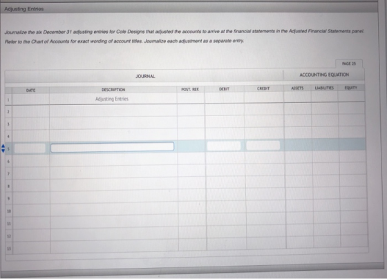 Adjusting Entries Journare the sex December 3 stig entries for Cole Designs that adjusted the accounts to arrive at the finan